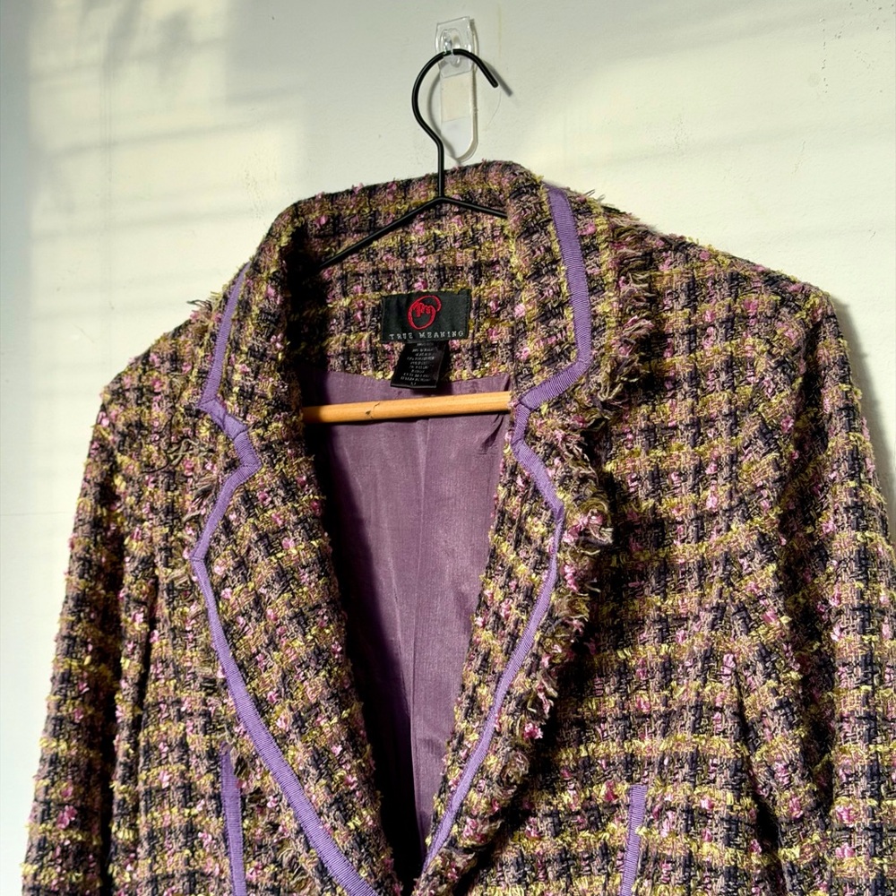 💜✨ True Meaning Tweed Blazer Purple Bouclé Frayed Trim Size M - Picture 5 of 8